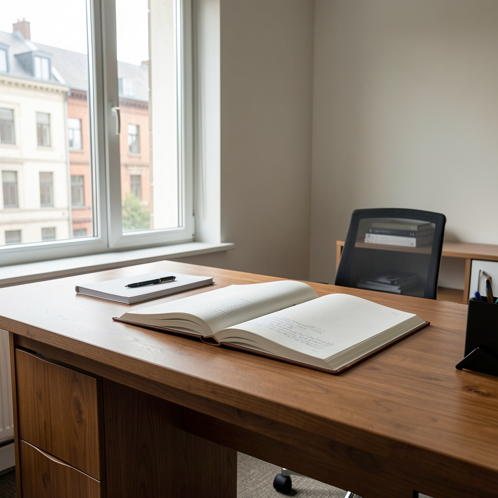 Ralun editorial office interior, wooden desk with open notebooks, natural light from a large window, South Jakarta setting
