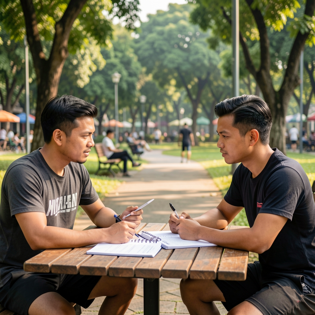 Two men discussing workout notes at an outdoor table, Jakarta park setting, mid-morning