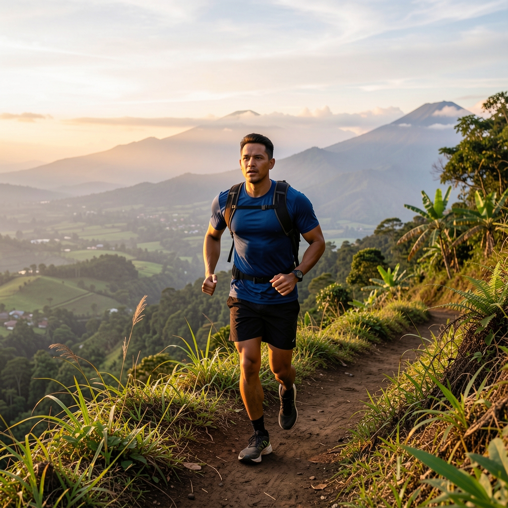 Active man on a mountain trail at dawn, wearing athletic gear, with lush Indonesian landscape in the background