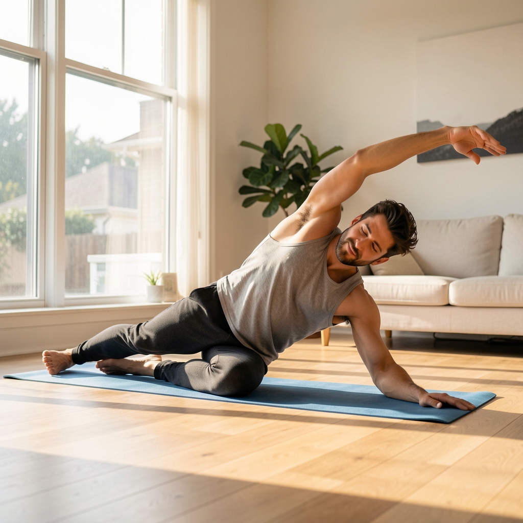 Man stretching on a yoga mat inside a bright home studio, morning light through large windows