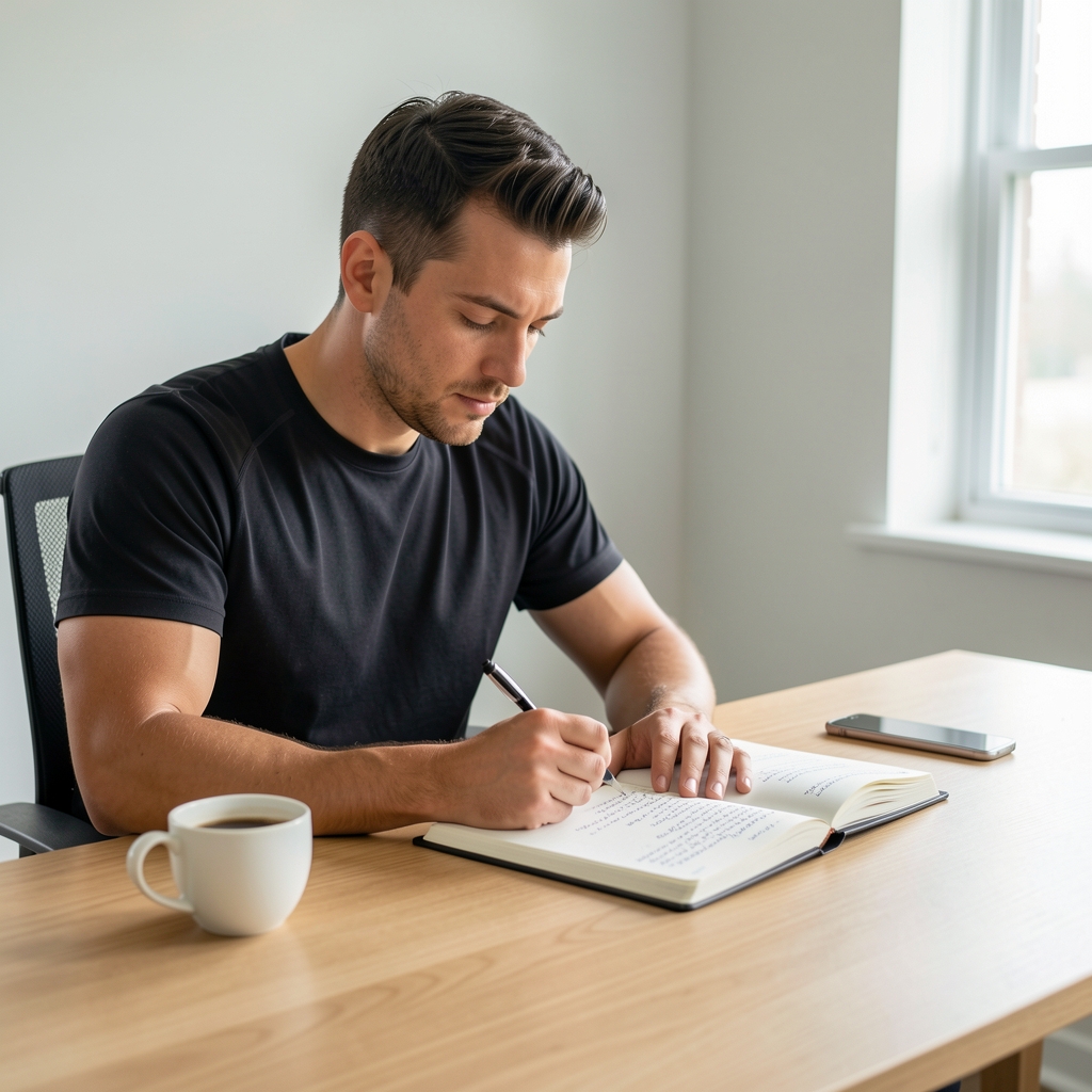 Man reviewing workout notes in a journal at a clean wooden desk, coffee cup nearby, focused posture