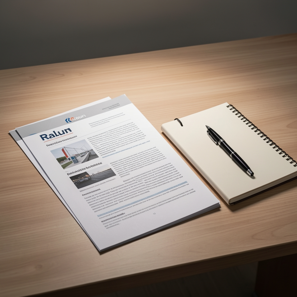 Ralun editorial desk with printed research documents, notebook, and pen under focused studio lighting