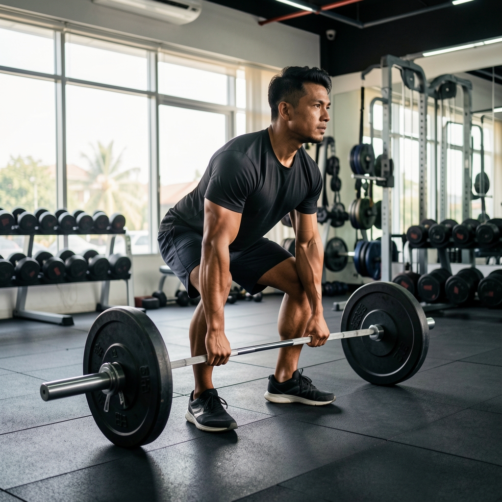 Man performing barbell deadlift in a well-equipped Jakarta gym, controlled posture, morning session