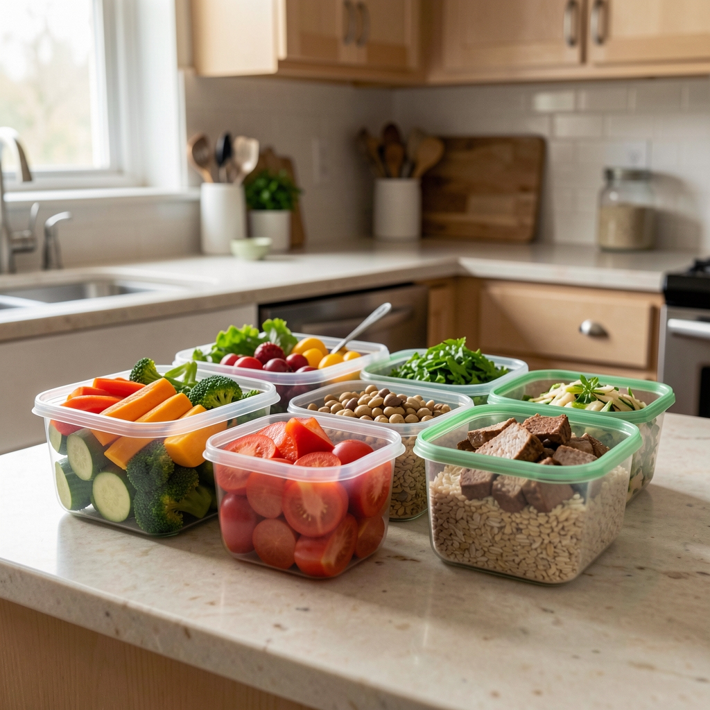 Colourful whole-food meal prep containers arranged on a kitchen counter, balanced portions of vegetables, protein, and grains